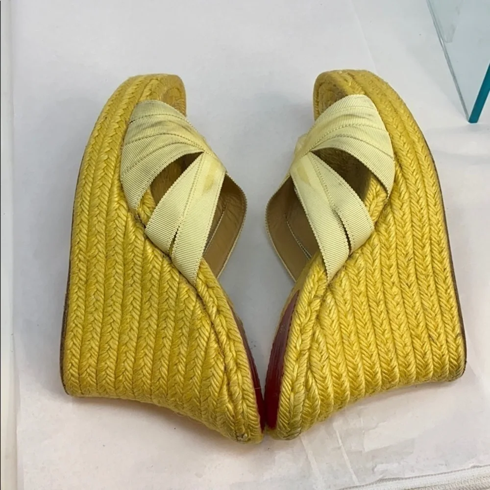 Christian Louboutin Sz 6 Yellow Ribbon Espadrille Wedges Heels Backless Sandals